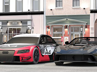 Red And Black Audi A4 Race Car With Convertible Sports Car On Urban Street 3d model