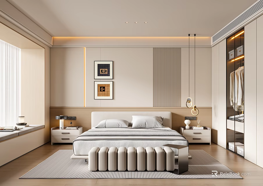 Modern Bedroom Interior Design With Bed Nightstands Framed Artworks Pendant Lights And Striped Accent Wall 3d model 
