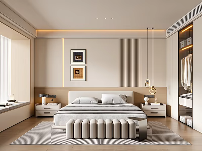 Modern Bedroom Interior Design With Bed Nightstands Framed Artworks Pendant Lights And Striped Accent Wall 3d model
