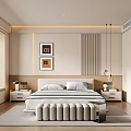 Modern Bedroom Interior Design With Bed Nightstands Framed Artworks Pendant Lights And Striped Accent Wall