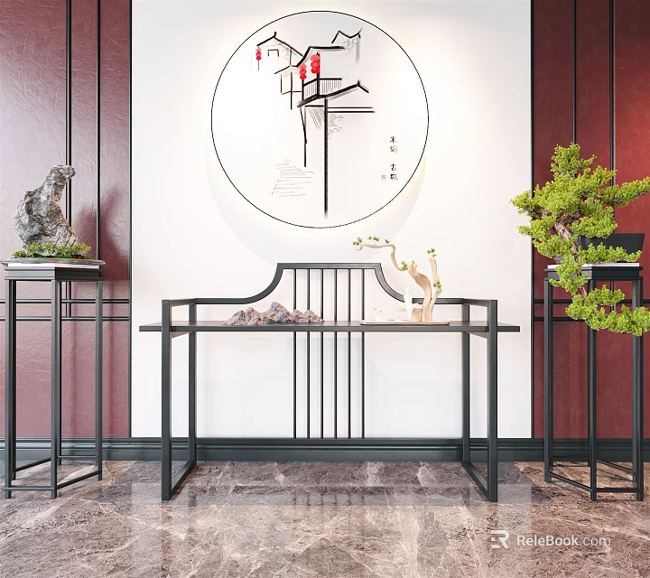 Chinese Style Console Table With Circular Calligraphy Decor And Potted Plants 3d model
