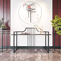 Chinese Style Console Table With Circular Calligraphy Decor And Potted Plants 3d model