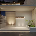 Serene Courtyard Garden Featuring Outdoor Dining Table Chairs Large Umbrella Stone Walls And Evening Lighting
