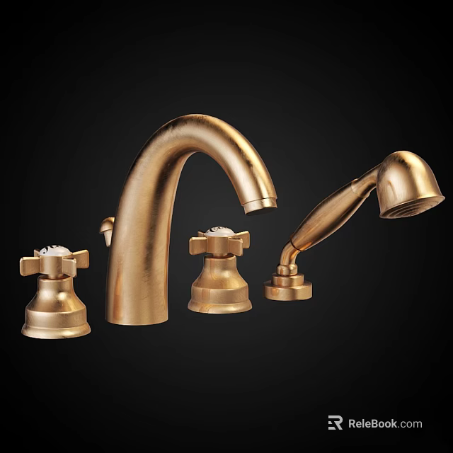 Golden Bathroom Faucet With Widespread Handles Handheld Sprayer And Control Knobs 3d model 