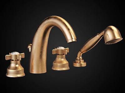 Golden Bathroom Faucet With Widespread Handles Handheld Sprayer And Control Knobs 3d model