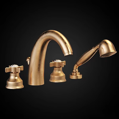 Golden Bathroom Faucet With Widespread Handles Handheld Sprayer And Control Knobs 3d model