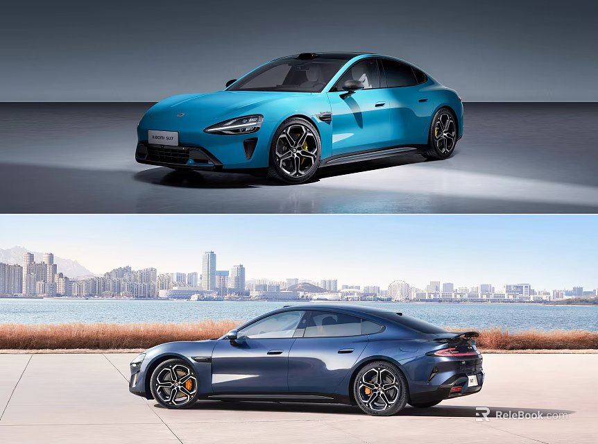 Modern Streamlined Electric Sports Car In Blue With Urban Seaside Background 3d model 