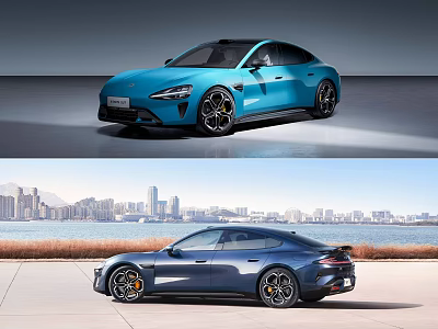 Modern Streamlined Electric Sports Car In Blue With Urban Seaside Background 3d model