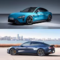 Modern Streamlined Electric Sports Car In Blue With Urban Seaside Background