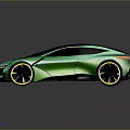 Green Sports Car Featuring Sleek Design Black Roof Yellow Wheels on Dark Reflective Background