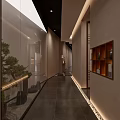 Traditional Chinese Teahouse Interior With Wooden Table Lattice Screens Green Plants And Hanging Scrolls
