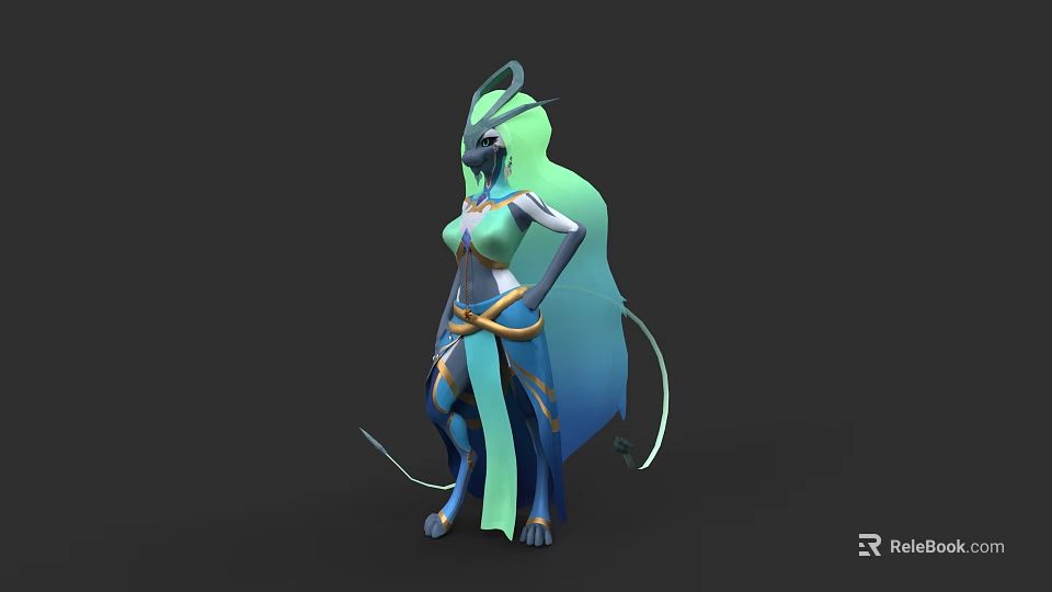 Mythical Blue Green Game Movie Character With Long Dress And Decorative Tails 3d model 
