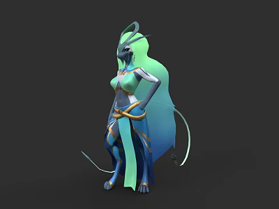 Mythical Blue Green Game Movie Character With Long Dress And Decorative Tails 3d model