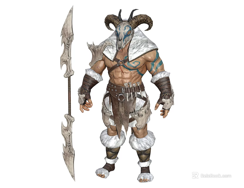 Fantasy Warrior In Horned Helmet With Fur Leather Armor And Tribal Tattoos Holding Large Axe 3d model 