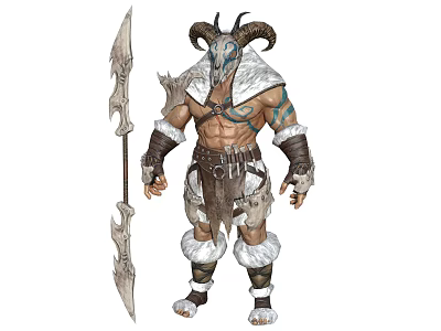 Fantasy Warrior In Horned Helmet With Fur Leather Armor And Tribal Tattoos Holding Large Axe 3d model