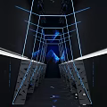 Modern Hi tech Public Restroom With Blue Lighting Geometric Structure And Multiple Cubicles Design 3d model