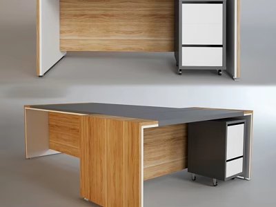 Modern Office Desk Design With Wooden Frame Black Top And Drawer Cabinet 3d model