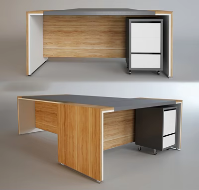 Modern Office Desk Design With Wooden Frame Black Top And Drawer Cabinet 3d model