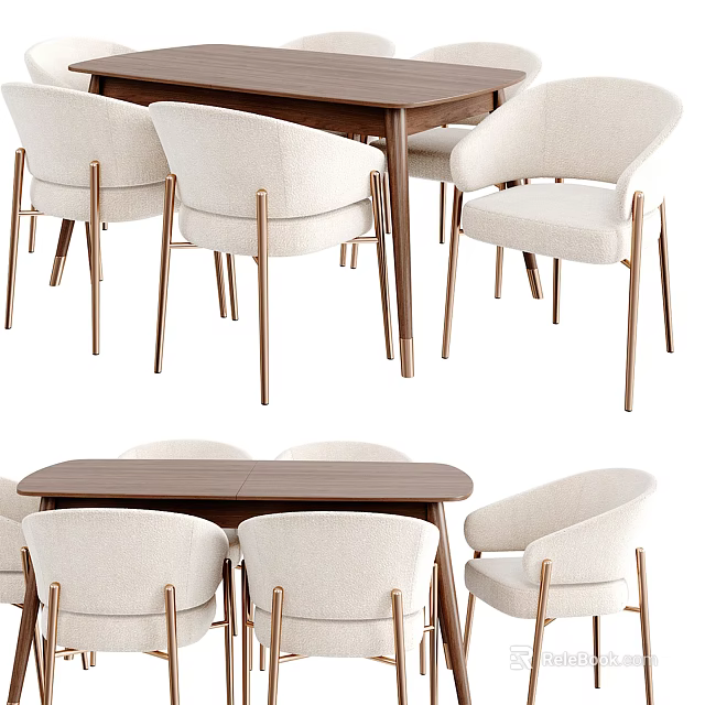 Modern Dining Table Set With Beige Upholstered Chairs And Golden Legs 3d model
