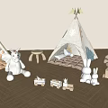 Cozy Kids Playroom Interior With Teepees Bunny Plush Toys Balloons And Toy Train
