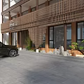 Modern Homestay Building With Multi Storey Wooden Glass Facade And Trees Green Shrubs