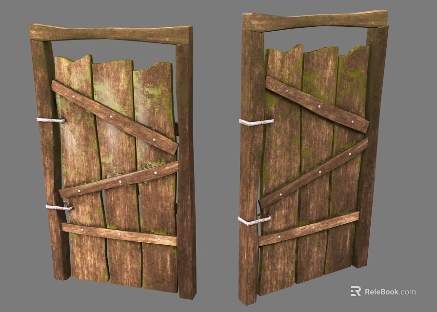 Vintage Wooden Hinged Door Design With Cross Strips And Metal Bindings 3d model 