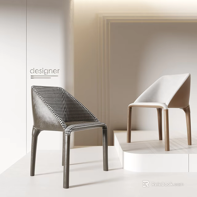 Elegant Modern Designer Leisure Chairs With Black White Checkerboard And Light Upholstery Wooden Legs 3d model 