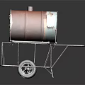 Rusted Red And Green Oil Drum On Metal Cart With Wheels And Stand Structure