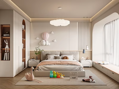 Modern Kids Room With Cloud Pendant Light Platform Bed Colorful Toys And Window Curtains 3d model