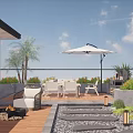 Relaxing Scenic Rooftop Garden With Outdoor Furniture Fire Pit Umbrella Lush Plants And Stone Pathway