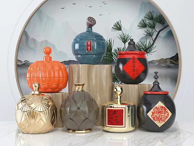 Oriental Decorative Ornament Collection With Colorful Ceramic Jars Mountain Bird And Fortune Motifs 3d model