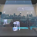 Exhibition Scene Of Harbor Workers Sculptures With City Skyline Seagulls And Projection