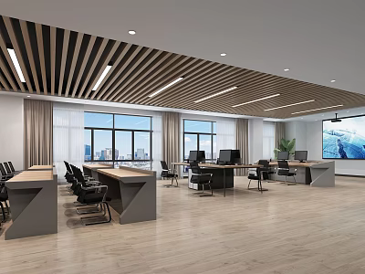 Modern Control Room Interior With Long Desks Black Office Chairs Computers And Large Screen 3d model