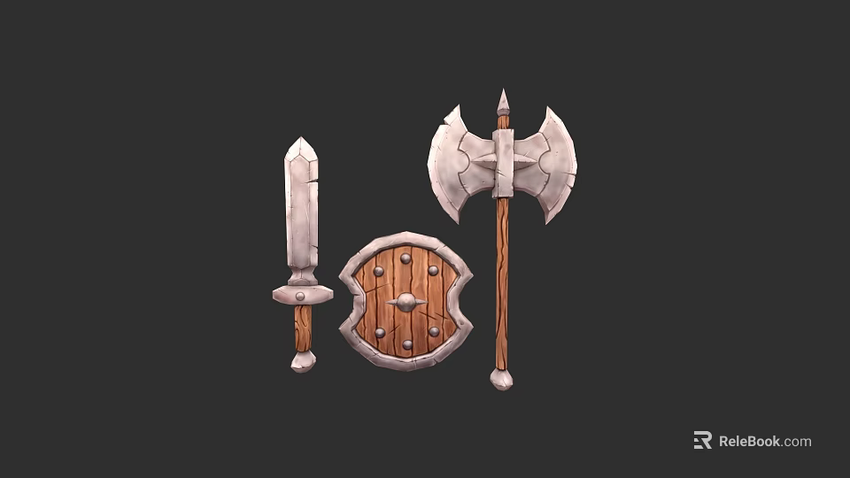 Medieval Weapons Collection Featuring Sword Axe And Decorative Wooden Shield 3d model