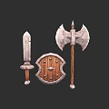 Medieval Weapons Collection Featuring Sword Axe And Decorative Wooden Shield 3d model