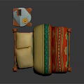 Wooden Single Bed With Yellow Pillow Colorful Striped Quilt And Wooden Posts