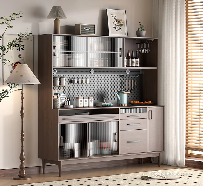 Modern Sideboard With Perforated Metal Panels Glass Doors Drawers Open Shelves And Wine Bottles For Kitchen 3d model 