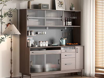 Modern Sideboard With Perforated Metal Panels Glass Doors Drawers Open Shelves And Wine Bottles For Kitchen 3d model