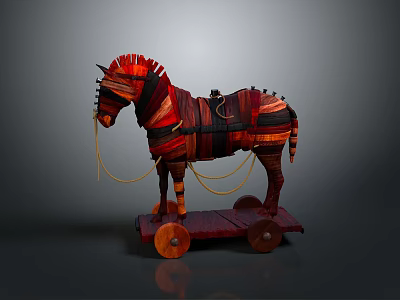 Wooden Horse Toy For Kids With Red Brown Stripes And Wheels 3d model
