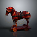 Wooden Horse Toy For Kids With Red Brown Stripes And Wheels