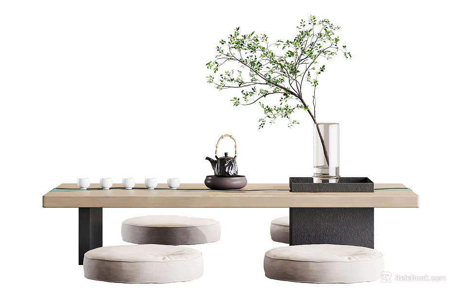 Modern Tea Table Set with Cushioned Stools Teapot Teacups and Green Plant 3d model 