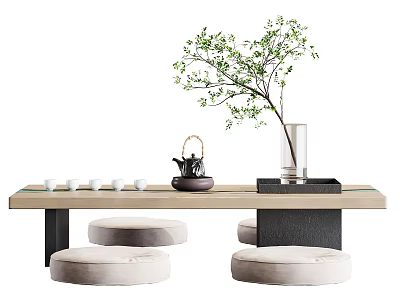 Modern Tea Table Set with Cushioned Stools Teapot Teacups and Green Plant 3d model