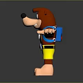 3D Rendered Game Character Brown Bear With Blue Suspenders Yellow Shorts White Badge Arms Outstretched