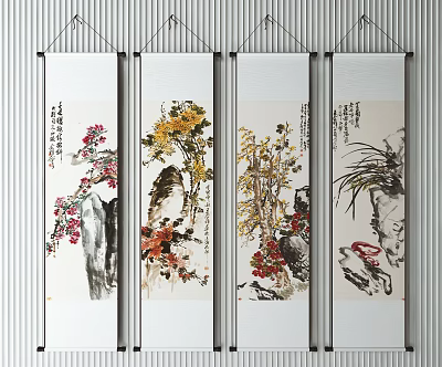 Traditional Chinese Scroll Paintings With Floral Designs And Calligraphy Inscriptions On Wall 3d model
