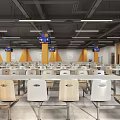 School Cafeteria Interior With Long Tables Chairs Large Windows And Bright Lights 3d model