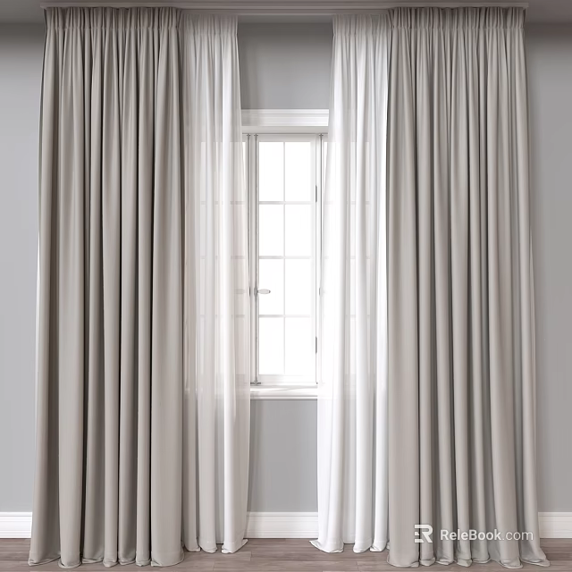 Elegant Light Beige Draped Curtains Over Window With Natural Light In Modern Interior 3d model