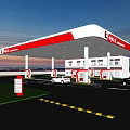 Modern Gas Station Exterior With Red Black Canopy Fuel Pumps And Vehicles