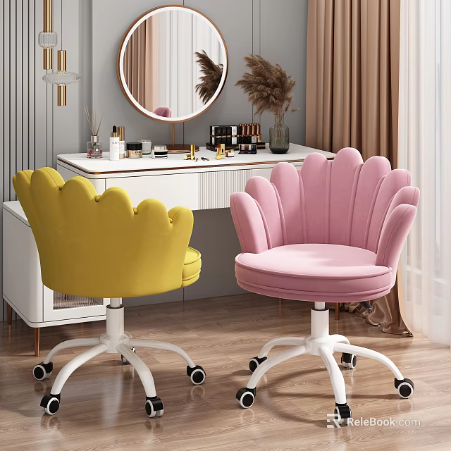 Modern Dressing Table with Round Mirror Yellow Pink Petal Shaped Chairs and Cosmetics Decor 3d model 
