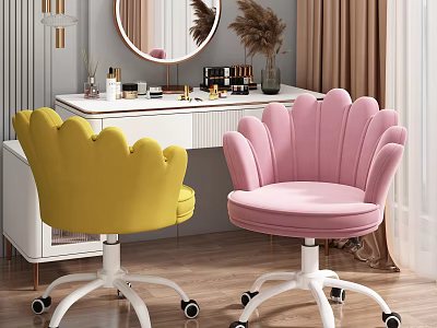 Modern Dressing Table with Round Mirror Yellow Pink Petal Shaped Chairs and Cosmetics Decor 3d model