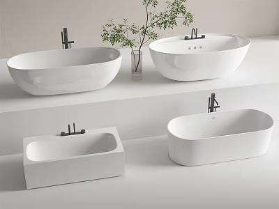 Modern White Bathtub Designs With Various Shapes Along With Faucets And Decorative Plant 3d model